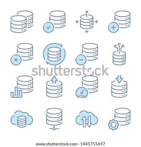 Database, Backup storage and Hosting related blue line colored icons.