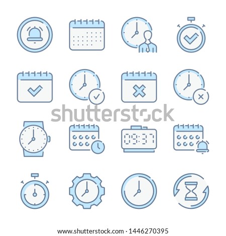 Clock, Time, Date and Calendar related blue line colored icons.