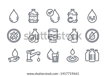 Water related line icon set. Pure and clear linear icons. Antibacterial eco water outline vector signs and symbols collection.