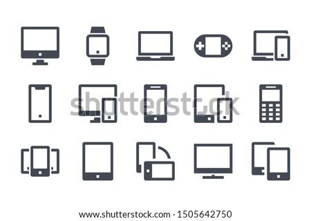 Device and Gadget glyph icon set. Computer, smartphone and electronic devices filled icons. Smart device solid vector sign collection.