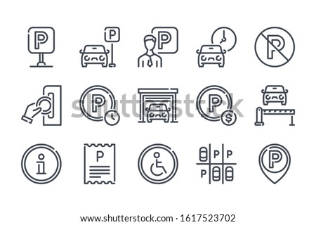 Car parking related line icon set. Paid parking and private entry linear icons. Garage and car-park outline vector sign collection.