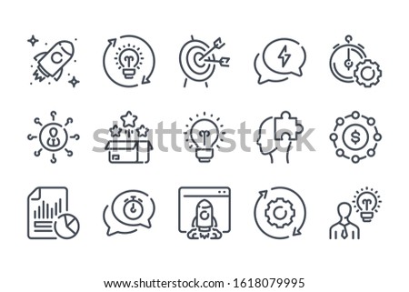 Startup related line icon set. Creative idea linear icons. Launch of the project outline vector sign collection.