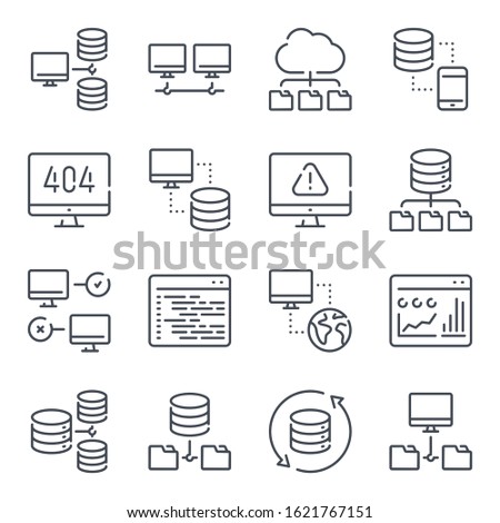 Network, computing and hosting related line icon set. Server and database vector linear icon collection.