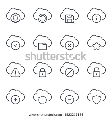 Cloud service and technology line icons. Cloud network and data vector linear icon set.