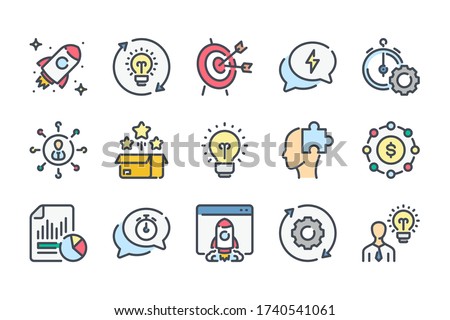 Startup related color line icon set. Creative Idea And Business Process colorful linear icons. Launch of the Project flat color outline vector sign collection.