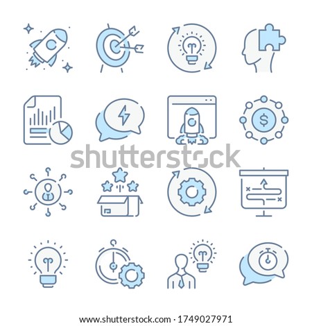Startup and Creative ideas related blue line colored icons. Launch of the project icon set.