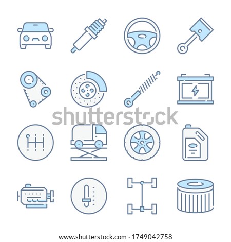 Car Service and Maintenance related blue line colored icons. Car repair and Car parts icon set.