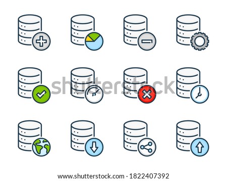 Database and Online Storage related vector color line icons. Server and Data transfer colorful outline icon set.