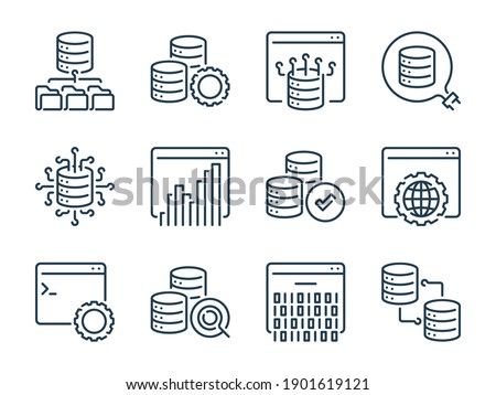 Database and Data storage related vector line icons. Network database services outline icon set.