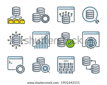 Database and Data storage related vector line color icons. Network database services outline colorful icon set.