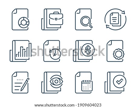 Report, Business document and Research list related vector line icons. Documentation and File management outline icon set.