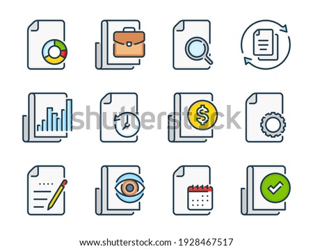 Report, Business document and Research list related vector color line icons. Documentation and File management colorful outline icon set.
