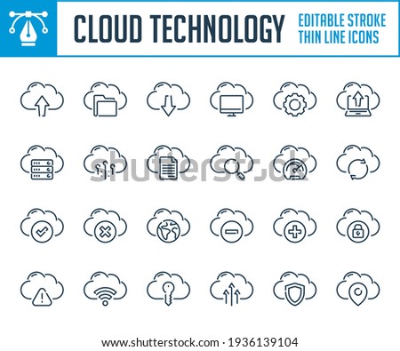 Cloud technology and Hosting network services thin line icons. Networking and Online data computing outline icon set. Editable stroke icons.