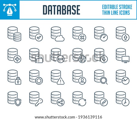 Database and Data services thin line icons. Hosting server and Online storage equipment outline icon set. Editable stroke icons.