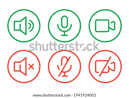 Speaker, Mic and Video Camera active and disabled related icons. Basic color icons for Video Conference, Webinar and Video chat.