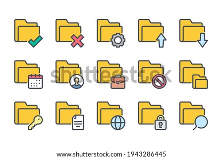 Folder and File Management color line icon set. Archive settings linear icons. Document organization colorful outline vector sign collection.