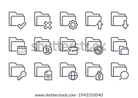 Folder and File management line icon set. Archive settings linear icons. Document organization outline vector sign collection.