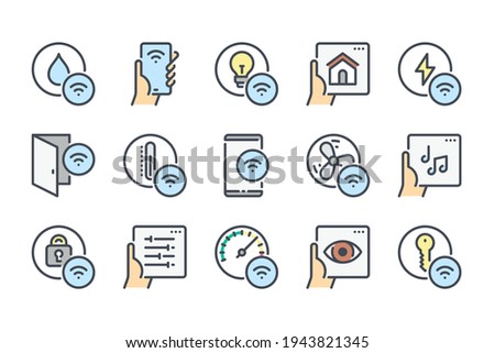 Smart House Remote control color line icon set. Smart Home Network System and Management linear icons. Indoor Sensor and Wireless Technology colorful outline vector sign collection.