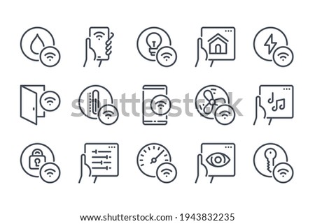 Smart house remote control line icon set. Smart home network system and management linear icons. Indoor sensor and wireless technology outline vector sign collection.