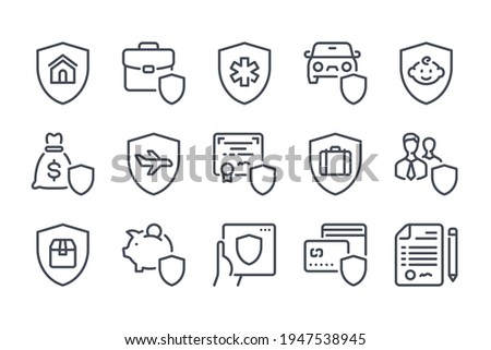 Insurance and assurance line icon set. Insurance case and security service linear icons. Emergency protection and safety outline vector sign collection.