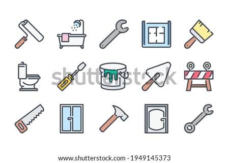 Renovation and home repair color line icon set. Building tools and equipment linear icons. Construction site and house improvement colorful outline vector sign collection.