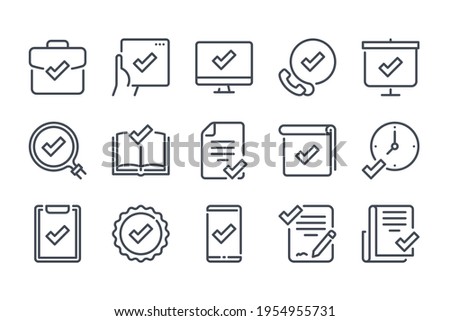 Quality and Approve line icon set. Check mark and acceptance linear icons. Checklist and Confirmation of guarantee outline vector sign collection.