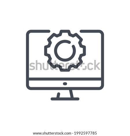 Settings and maintenance line icon. Computer with gear on monitor vector outline sign.