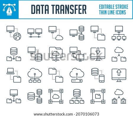 Data transfer and Network connection thin line icons. Online hosting service, File management and migration outline icon set. Editable stroke icons.