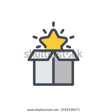 Present, Gift and Magic box color line icon. Open box with star and loyalty reward vector outline colorful sign.