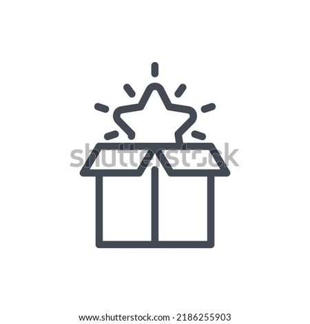 Present, Gift and Magic box line icon. Open box with star and loyalty reward vector outline sign.