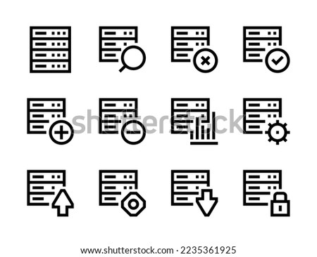 Database, Server and Data storage line vector icons. Hosting equipment, File network and Archive center editable stroke outline icon set.