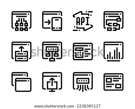 Web development, API and Software support line vector icons. Online hosting configuration, Program and Website settings editable stroke outline icon set.