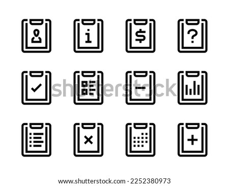 Clipboard and Task board line vector icons. Checklist and Service document editable stroke outline icon set.