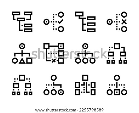 Hierarchy and Tree structure line vector icons. Flowchart and algorithm editable stroke outline icon set.