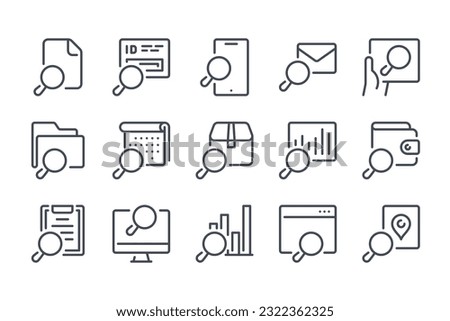 Search and Inspection line icon set. Magnifying glass related linear icons. Research, Review and Explore outline vector sign collection.