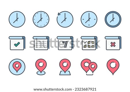 Time, Date and Place color line icon set. Clock, Calendar and Location pin linear icons. Watch, Planner and Marker pointer colorful outline vector sign collection.