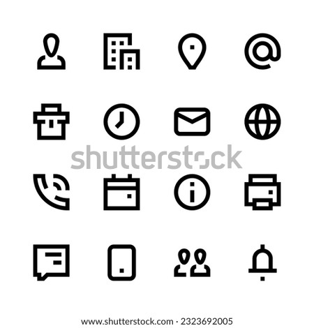 Contact Information and Contact Us line vector icons. Contains icons as Address, Time, Phone number, Office, Mail, Company, Notification etc.