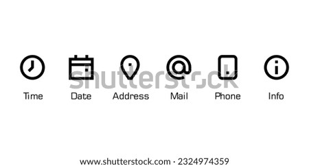 Time, Date, Address, Mail, Phone and Info vector line icons.