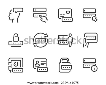 Password and Entry vector line icons. Pass code and Login outline icon set. Change password, Create a code, Account access, Profile login, Personal cipher and more.