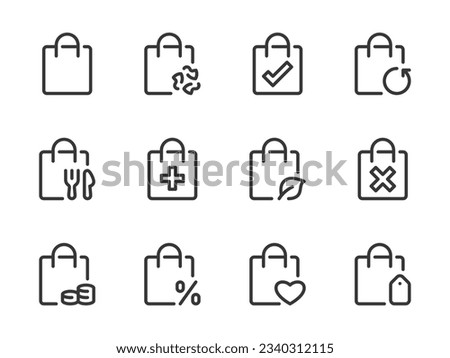 Shopper and Plastic bag variations vector line icons. Delivery pack and Bag for different purposes outline icon set.