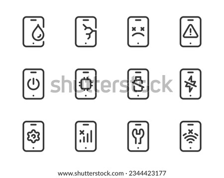 Mobile Phone Repair and Problems vector line icons. Smartphone Recovery and Breakage outline icon set.