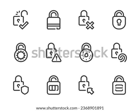 Lock and Padlock vector line icons. Login and Access outline icon set. Unlock, Open, Safeguard, Password, Protection and more.