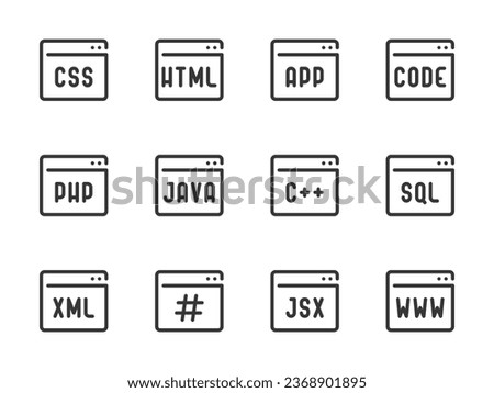 Frontend Development and Website Layout vector line icons. Programming Languages outline icon set. Php, Css, Html, Software Java, Coding, and more.