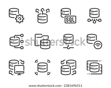 Database and Server vector line icons. Online Storage and Data Center outline icon set. File Management, Data Transfer, Network Connection, Configuration, Infrastructure and more.