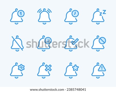 Bell and Notification vector line icons. Reminder and Announcement outline icon set. Mute, Night Mode, Settings and Configurations, Favorite, Information and more.