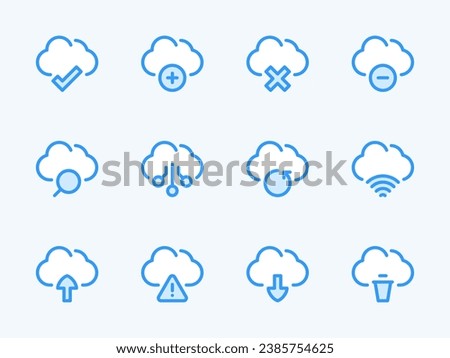 Cloud computing services vector line icons. Online storage preferences outline icon set. Cloud Data Backup, Wireless Connection, Check, Warning Notification, Search and more.