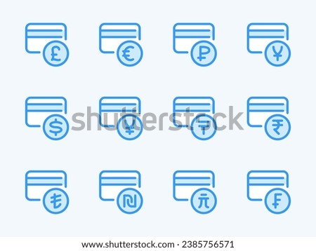 Credit Card and International Currencies vector line icons. Finance and Payment outline icon set. Dollar, Euro, Pound, Yen, Ruble, Frank, Lira and more.