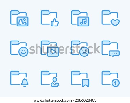 Folder configurations and Data directory vector line icons. Archive of Files and Documents outline icon set. Picture, Music, Video, Notification, Emotion, Like and more.