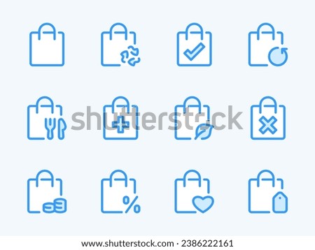 Shopper and Plastic bag variations vector line icons. Delivery Pack and Bag for different purposes outline icon set. Food, Discount, Price, Eco Product, Purchase returns and more.