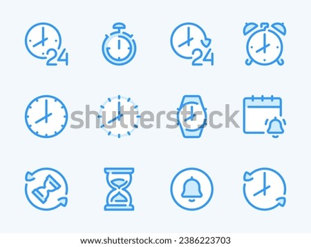 Time and Clock vector line icons. Watch and Hour outline icon set. Countdown, Timer, 24 Hours, Deadline, Time management and more.